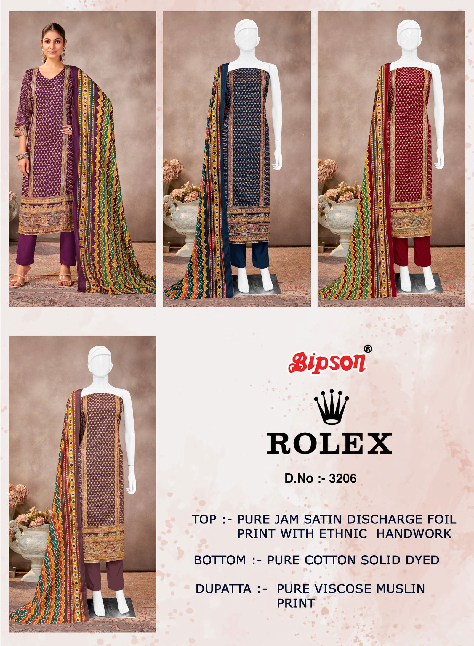 Rolex 3206 By Bipson Jam Satin Printed Dress Material Orders In India